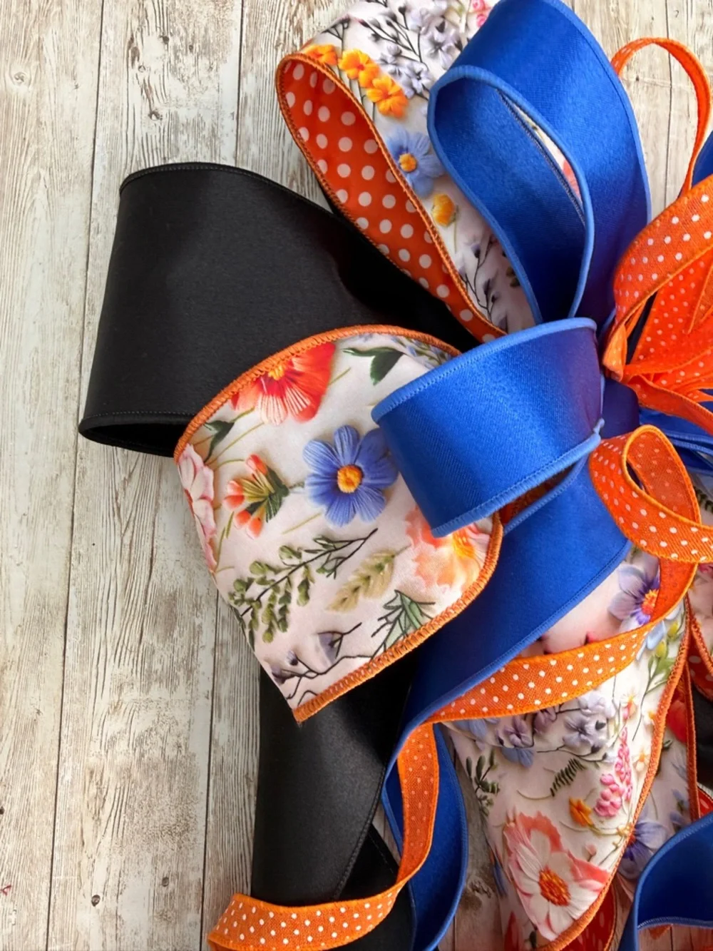 Blue, Orange & Black Floral Gift Bow - Decorative Party Ribbon